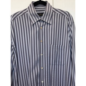 Men's Bugatchi Shirt, L, Gray white stripe long sleeve button down EUC